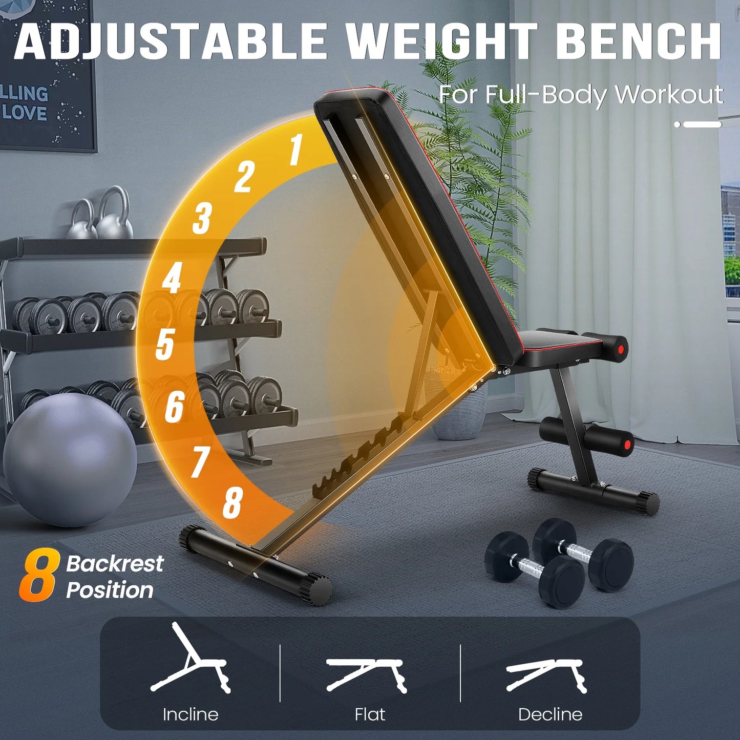 660LBS Foldable Weight Bench for Home Gym, Workout Bench Press with Fast 8 Adjustable Backrests, Incline/Flat/Decline Bench for Full Body Workout Strength Training Dumbbell Exercise