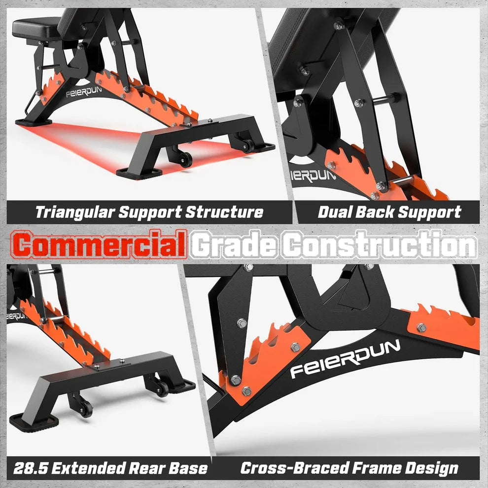 Heavy-Duty 9 Positions Adjustable Weight Bench Workout Bench with Extended Rear Support for Home Gym Full Body Strength Training,Support up to 1300Lbs