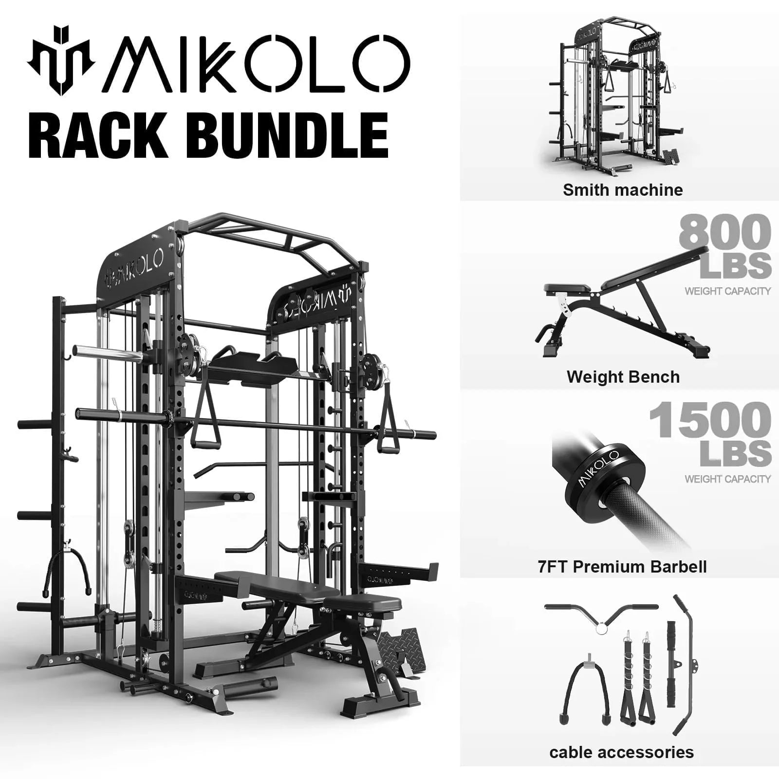 Smith Machine, All-In-One Power Rack Cage with Vertical Leg Press, 2000LBS Power Cage Squat Rack with Smith Bar, Dual Pulley Cable Crossover System for Home Gym with Barbell and Weight Bench