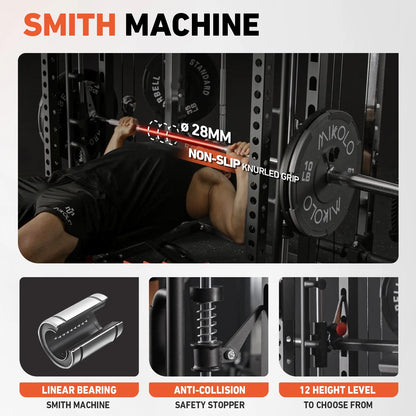Smith Machine, All-In-One Power Rack Cage with Vertical Leg Press, 2000LBS Power Cage Squat Rack with Smith Bar, Dual Pulley Cable Crossover System for Home Gym with Barbell and Weight Bench