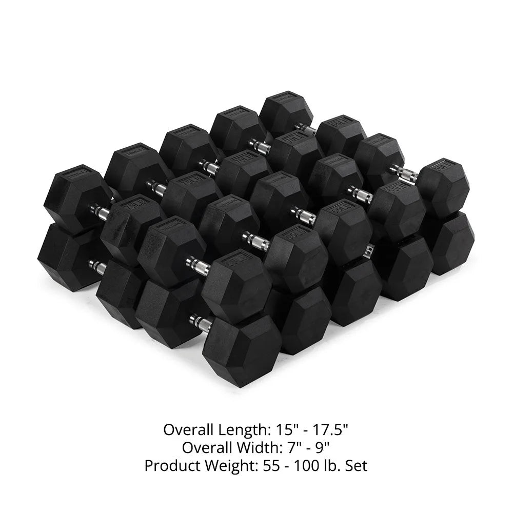 55 - 100 LB Pair Free Weights, Black Rubber Coated Hex Dumbbell, Ergonomic Chrome Handle, Strength Training, Full Body Workout