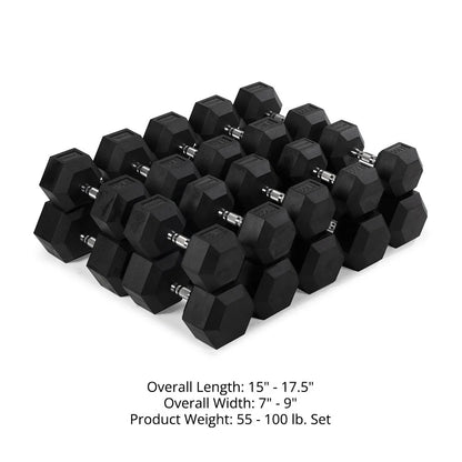 55 - 100 LB Pair Free Weights, Black Rubber Coated Hex Dumbbell, Ergonomic Chrome Handle, Strength Training, Full Body Workout