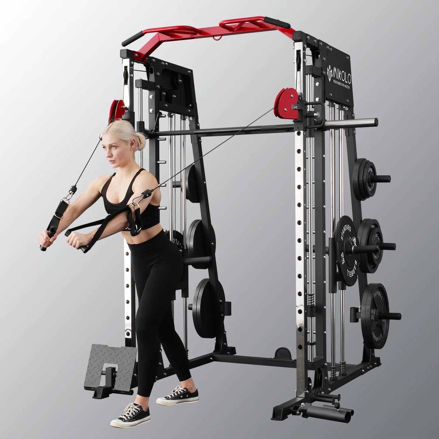 Smith Machine Home Gym, 2200 Lbs Power Rack Cage with Cable Crossover, Weight Bar, 360° Landmine, Barbell Holders and Other Attachments, Total Body Strength Training Cage