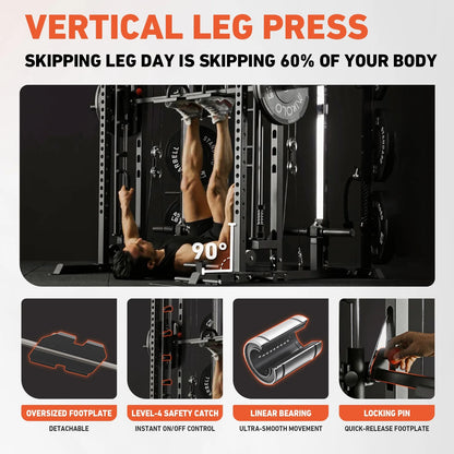 Smith Machine, All-In-One Power Rack Cage with Vertical Leg Press, 2000LBS Power Cage Squat Rack with Smith Bar, Dual Pulley Cable Crossover System for Home Gym with Barbell and Weight Bench