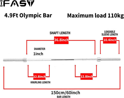 Barbell Bar for 2" Olympic Plates, Home Gym Weightlifting Bar 4Ft Solid Chrome Weight Bar 5Ft Fitness Training Curl Barbell 7.2Ft