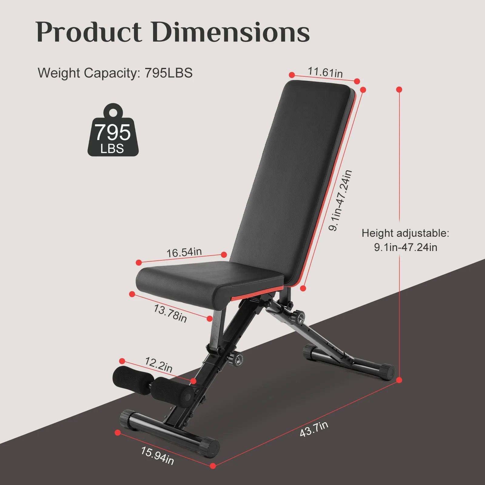 9 Positions Adjustable Weight Bench, Support up to 795Lbs, Foldable Weight Bench for Full Body, Home Gym Fitness Strength Training, Black