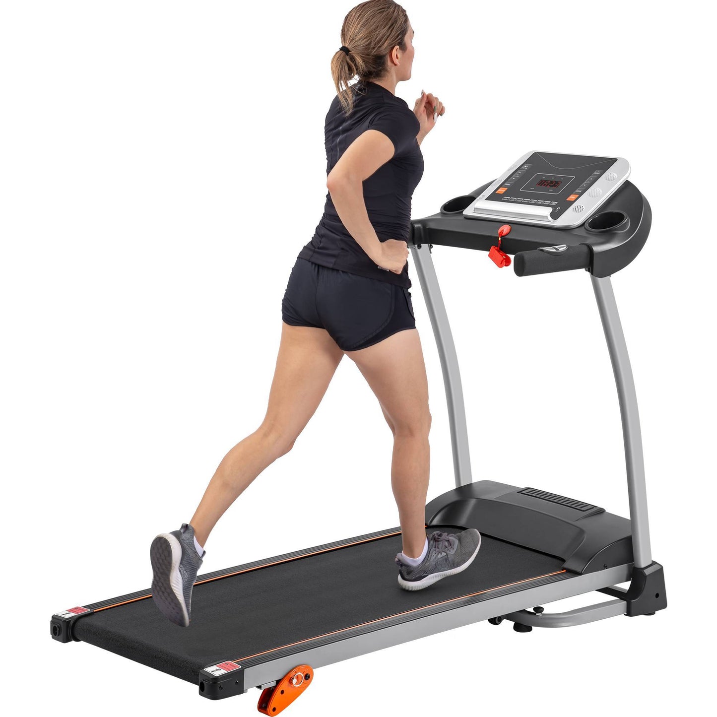 Compact 1.5HP folding treadmill with incline and pulse sensor.