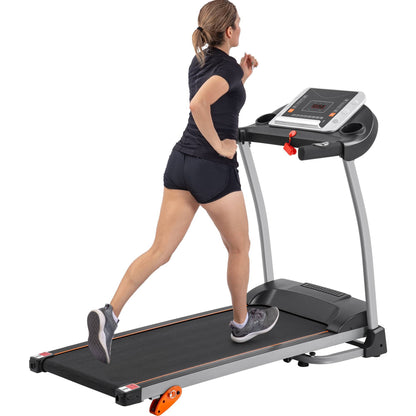 Compact 1.5HP folding treadmill with incline and pulse sensor.