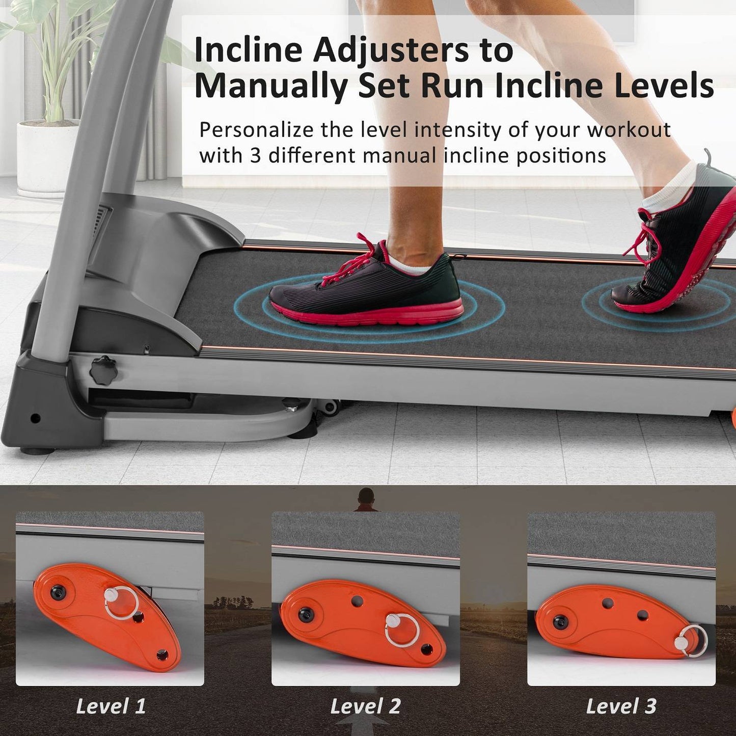 Compact 1.5HP folding treadmill with incline and pulse sensor.