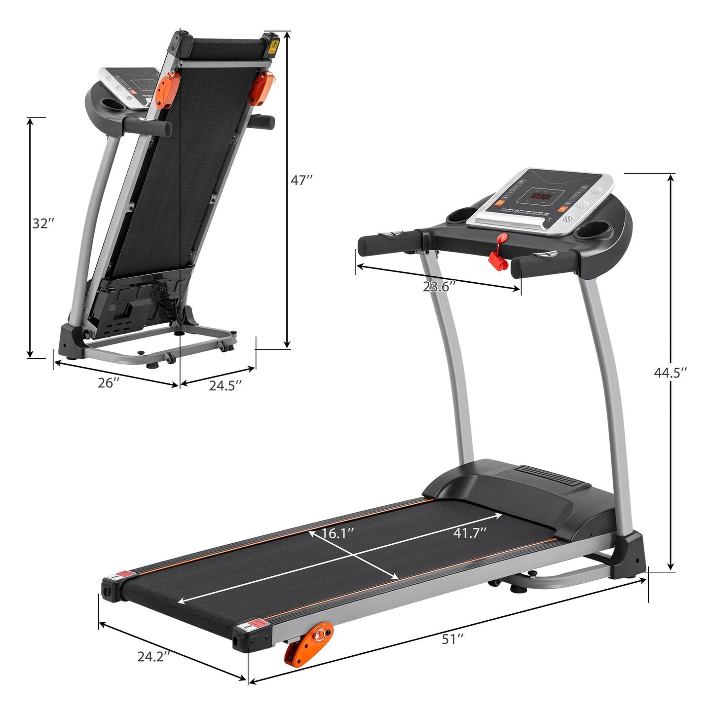 Compact 1.5HP folding treadmill with incline and pulse sensor.