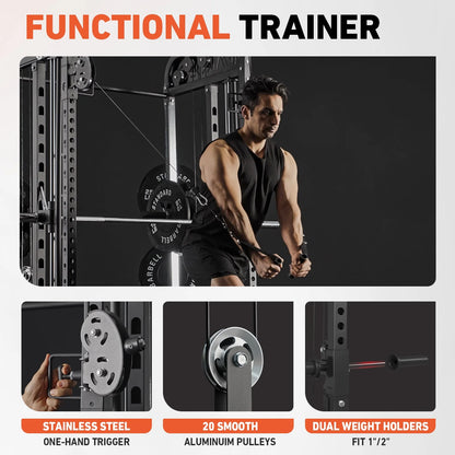 Smith Machine, All-In-One Power Rack Cage with Vertical Leg Press, 2000LBS Power Cage Squat Rack with Smith Bar, Dual Pulley Cable Crossover System for Home Gym with Barbell and Weight Bench