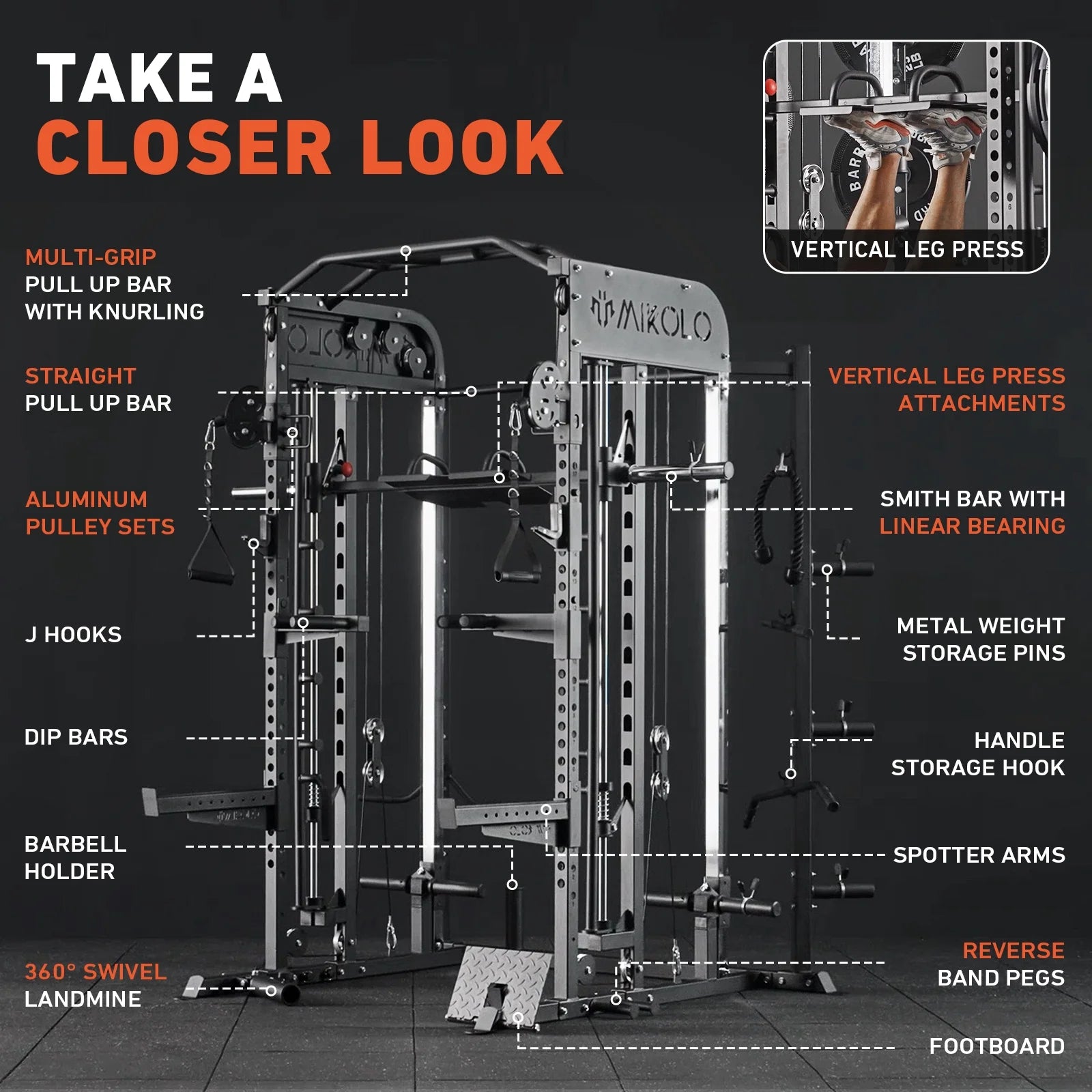 Smith Machine, All-In-One Power Rack Cage with Vertical Leg Press, 2000LBS Power Cage Squat Rack with Smith Bar, Dual Pulley Cable Crossover System for Home Gym with Barbell and Weight Bench