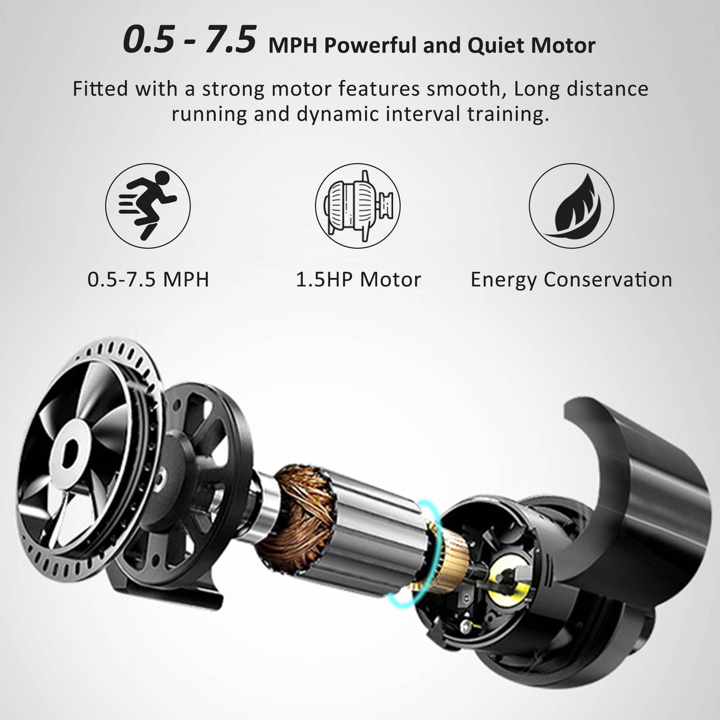 Compact 1.5HP folding treadmill with incline and pulse sensor.