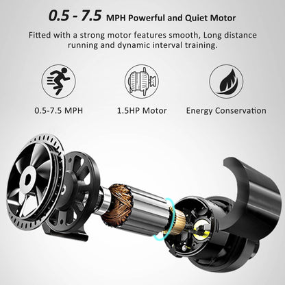 Compact 1.5HP folding treadmill with incline and pulse sensor.