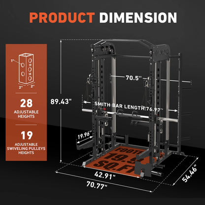 Smith Machine, All-In-One Power Rack Cage with Vertical Leg Press, 2000LBS Power Cage Squat Rack with Smith Bar, Dual Pulley Cable Crossover System for Home Gym with Barbell and Weight Bench
