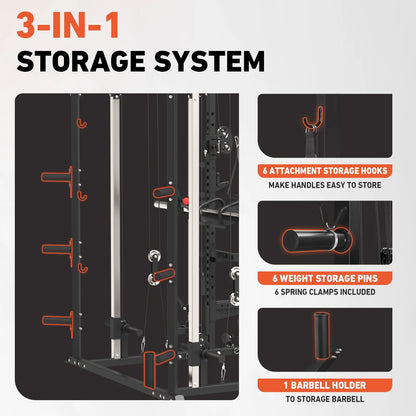 Smith Machine, All-In-One Power Rack Cage with Vertical Leg Press, 2000LBS Power Cage Squat Rack with Smith Bar, Dual Pulley Cable Crossover System for Home Gym with Barbell and Weight Bench